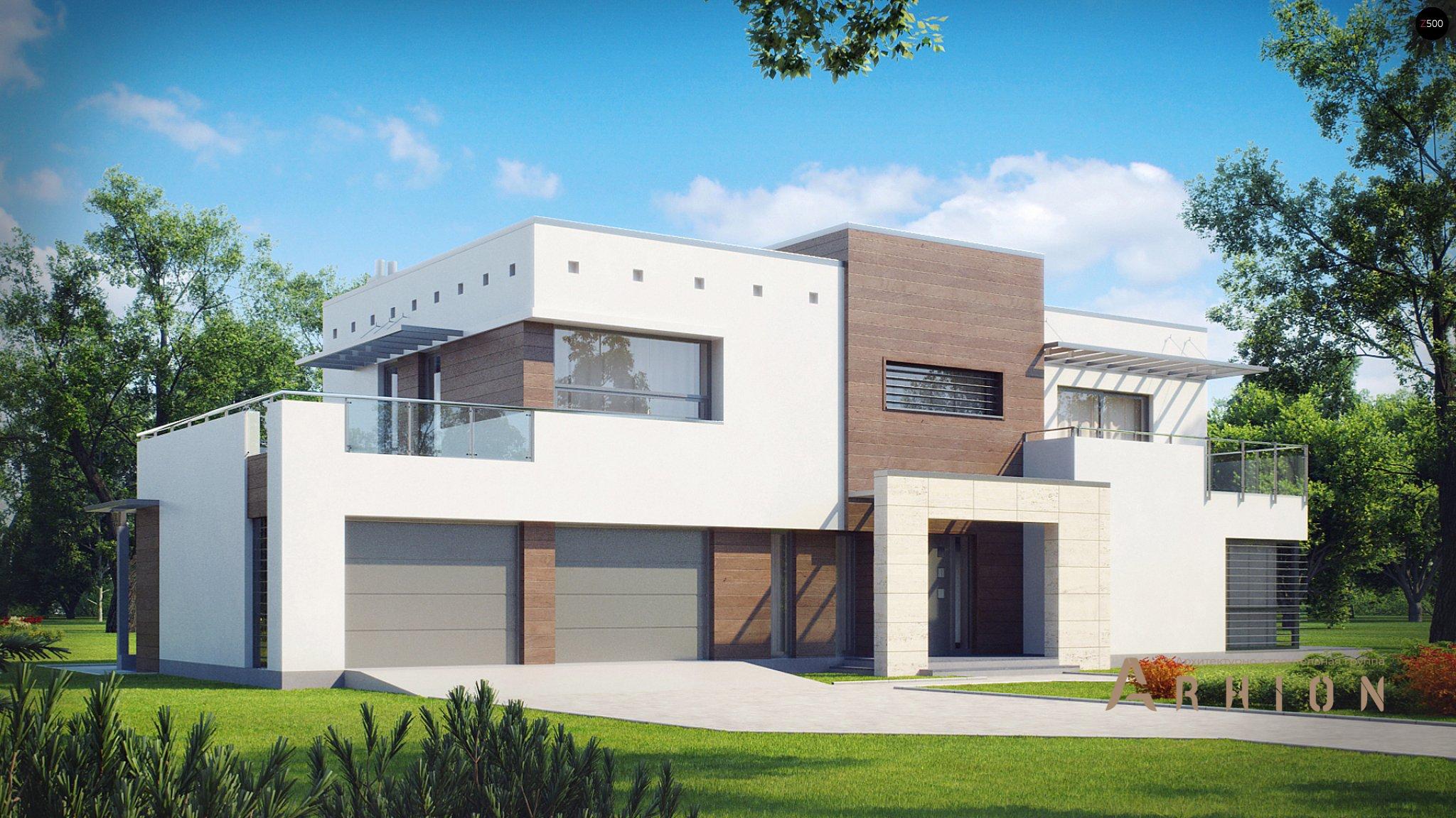 1. Проект двухэтажного дома в стиле хай-тек с плоской кровлей , Zx15 GL2, площадью - 376 кв c терассой, балконом, гаражом